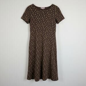 Vintage FADS Brown Floral Cotton Midi Dress Prairie Cottagecore Medium Petite